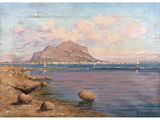 a painting of a view of a mountain and a body of water