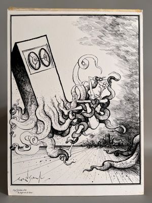 une image représentant un dessin en noir et blanc d'une pieuvre attaquant une horloge