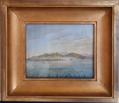 une peinture à l'huile représentant une vue d'un port avec un bateau sur l'eau