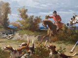 painting of a man on a horse jumping over a group of dogs