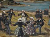 a painting of a group of people dancing in a field