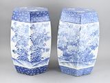pair of blue and white porcelain garden stools with floral designs