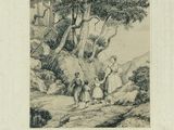 un vieux dessin en noir et blanc représentant un groupe de personnes assises sous un arbre