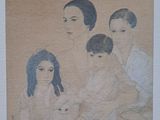 tableau représentant une femme et deux enfants, avec un chien devant eux