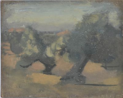 an oil painting of two horses running in a field