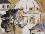 a painting of a building with a tree in front of it
