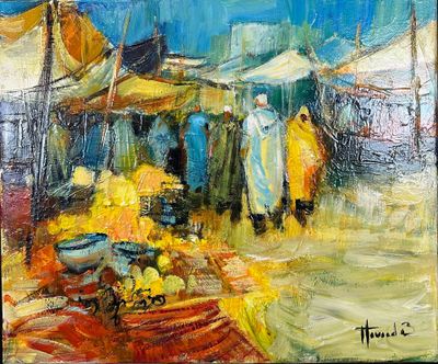 une peinture à l'huile représentant une scène de marché avec des fruits et des légumes