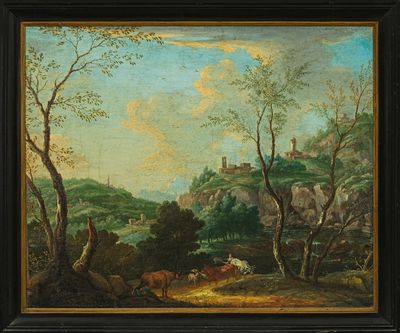 une image représentant un tableau représentant un paysage avec du bétail au premier plan