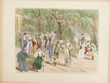 painting of a group of people standing around in a park
