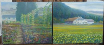 tableau représentant une scène de campagne avec une maison blanche et un champ de fleurs