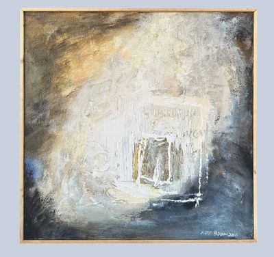 a painting of a painting of a window with a sky background