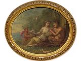 an oval painting of a woman and a man sitting in a garden