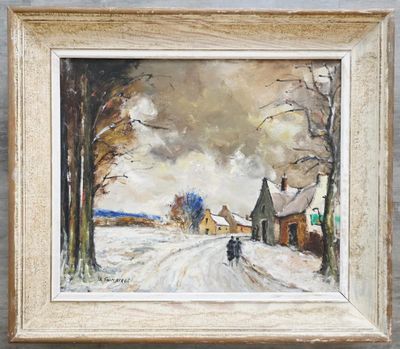 une image représentant un tableau où l'on voit une personne marchant sur une route enneigée