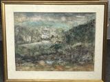une image d'un tableau représentant un paysage dans un cadre doré
