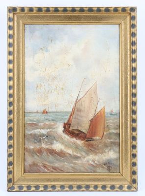 une peinture à l'huile représentant un voilier sur une mer agitée, avec le ciel en arrière-plan