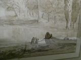 a picture of a painting of a man and a dog in a boat