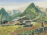 une peinture d'une maison au milieu d'un champ