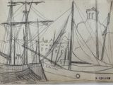 drawing of a ship in a harbor with a lighthouse in the background
