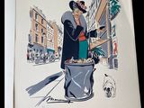 a drawing of a woman walking down the street with a dog