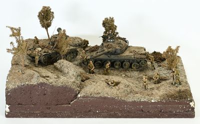 Diorama (35x45cm) représentant deux véhicules blindés américains duran