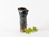 a small vase with a plant in it on a white surface