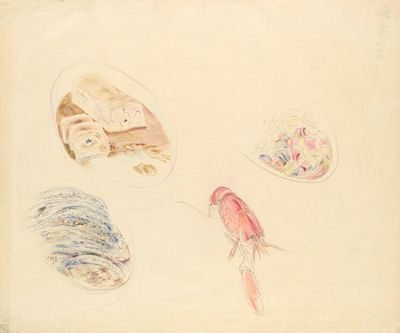 an image of a drawing of a bird, a fish, and a bowl of food