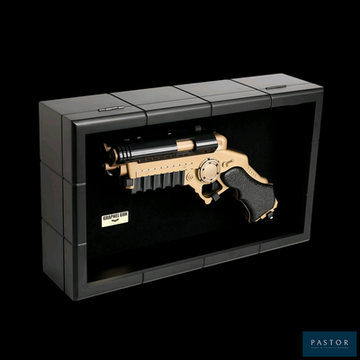 an image of a gun in a box on a black background