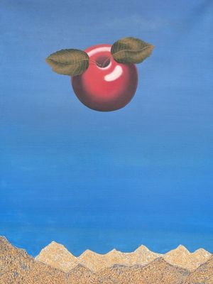 a painting of an apple flying through the air over a mountain range