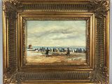an oil painting of a beach scene with people walking on the sand
