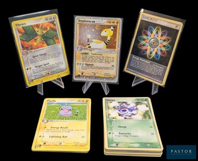 quatre types différents de cartes Pokémon exposées sur un fond noir
