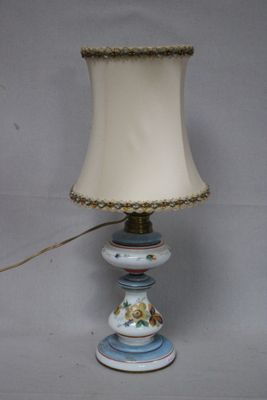 a lamp that is sitting on a table next to a wall