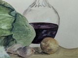 a painting of a bottle of wine and vegetables on a table