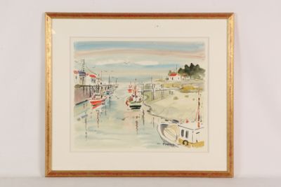 a watercolor painting of a harbor scene with boats