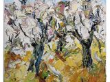 an oil painting of a group of trees in a field