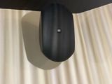 une souris noire perchée sur un rideau blanc