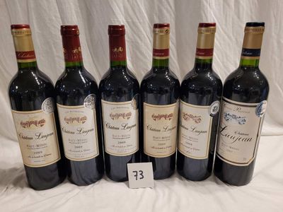 six bottles of red wine are lined up on a table
