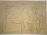 dessin représentant une femme assise sur un tabouret, tenant un oiseau dans la main