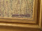an oil painting of a field of wheat with a bird in the distance