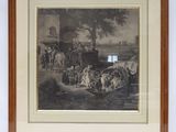 tableau représentant une calèche tirée par des chevaux, avec un groupe de personnes en arrière-plan