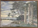 a painting on the wall of a building by the water