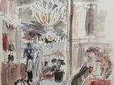 drawing of a woman sitting at a table in a restaurant