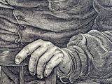 a black and white drawing of a man sitting on a chair