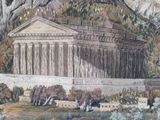 painting of a building in a park with a mountain in the background