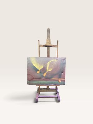 un chevalet d'artiste sur lequel est posé un tableau, sur fond blanc