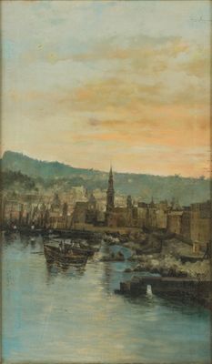 peinture d'une vue d'un port avec des bateaux dans l'eau