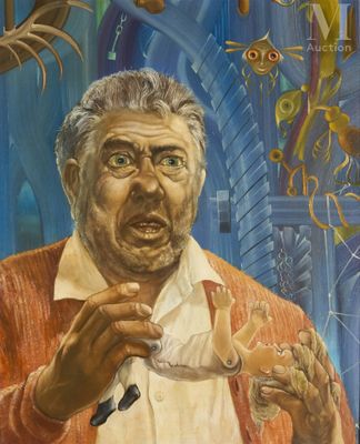 painting of a man holding a knife in front of a painting of a fish
