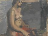 an oil painting of a man sitting on a bench with a hat on