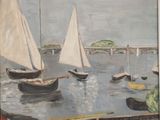 a painting of sailboats on the water near a dock