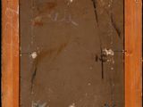 painting of a wooden frame with writing on it and a mirror in front of it
