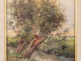 une peinture représentant une rivière avec un arbre au premier plan